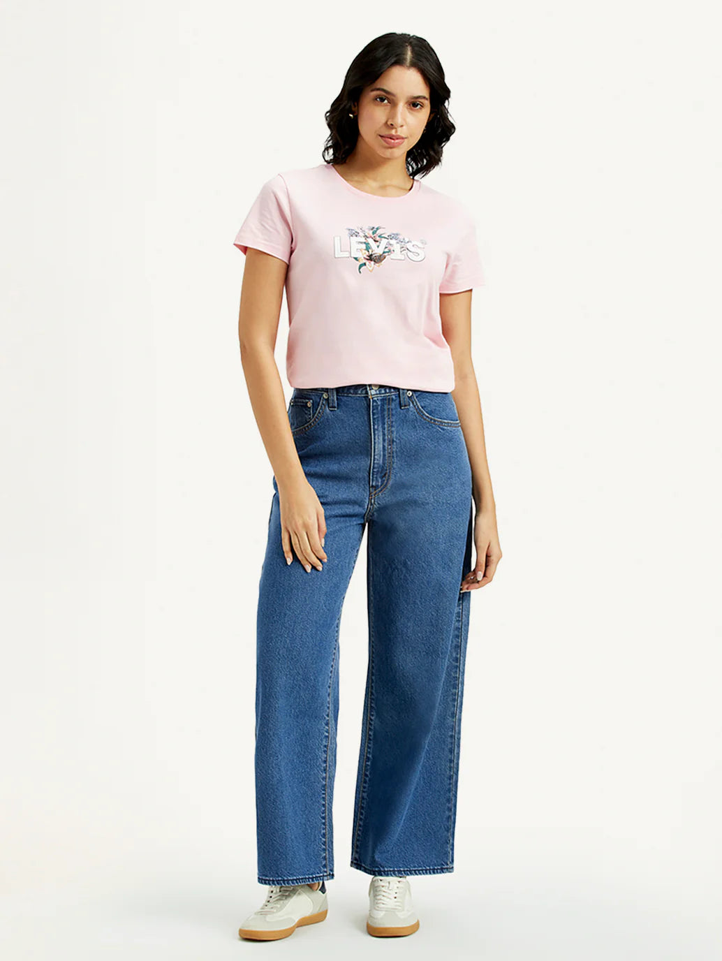 Trendy Medium Indigo Baggy Fit Jeans for Women with Mid-Rise Waist, Cinch Detailing, Soft Durable Fabric, and Modern Streetwear Appeal
