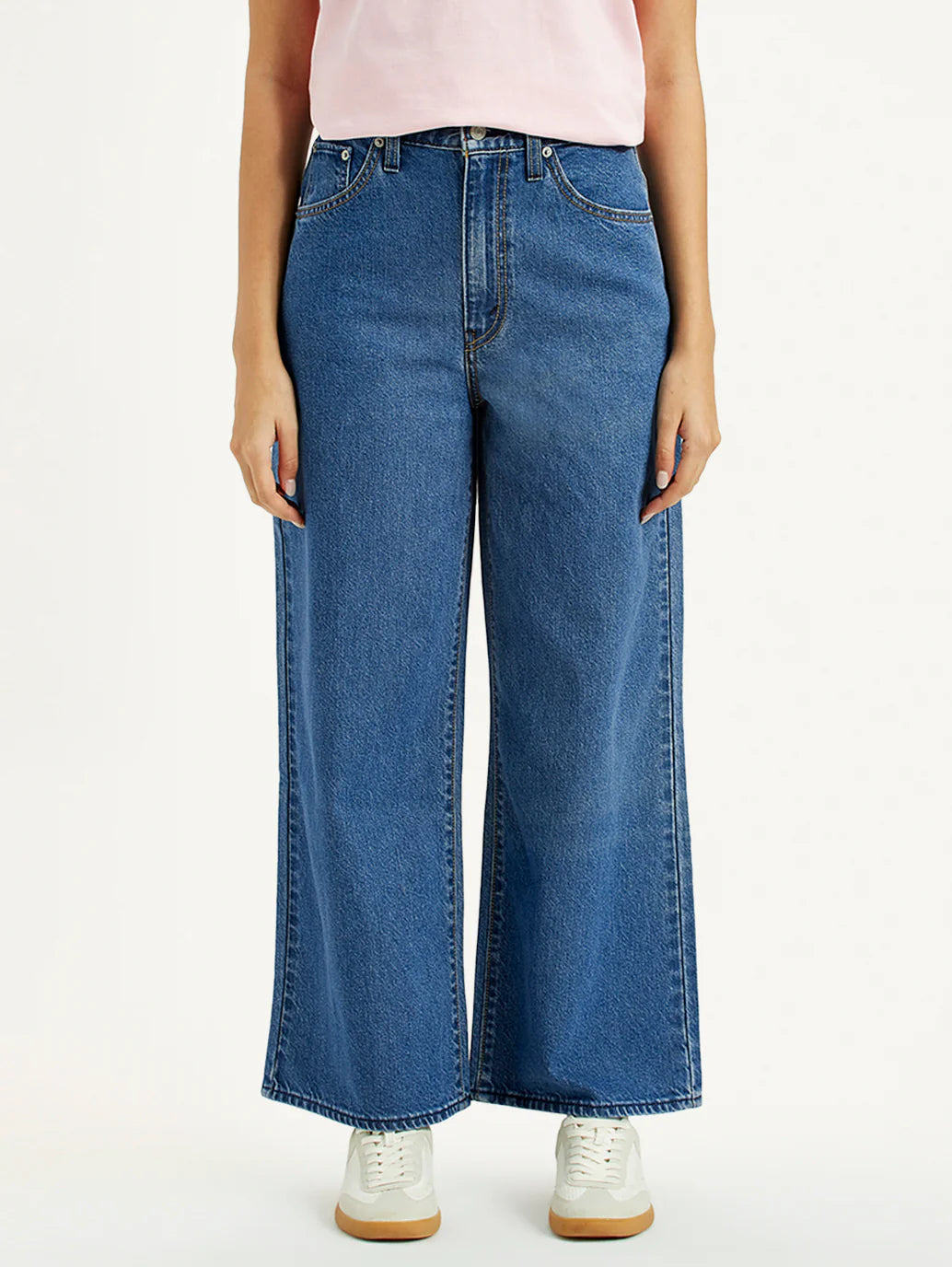 Trendy Medium Indigo Baggy Fit Jeans for Women with Mid-Rise Waist, Cinch Detailing, Soft Durable Fabric, and Modern Streetwear Appeal