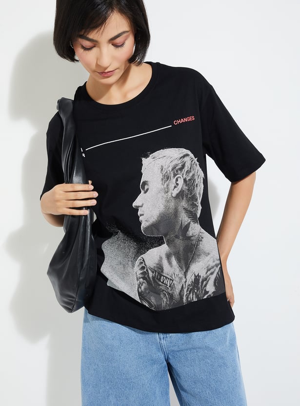 Casual Black Printed T-shirt with Comfortable Fit for Women