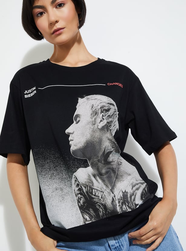 Casual Black Printed T-shirt with Comfortable Fit for Women