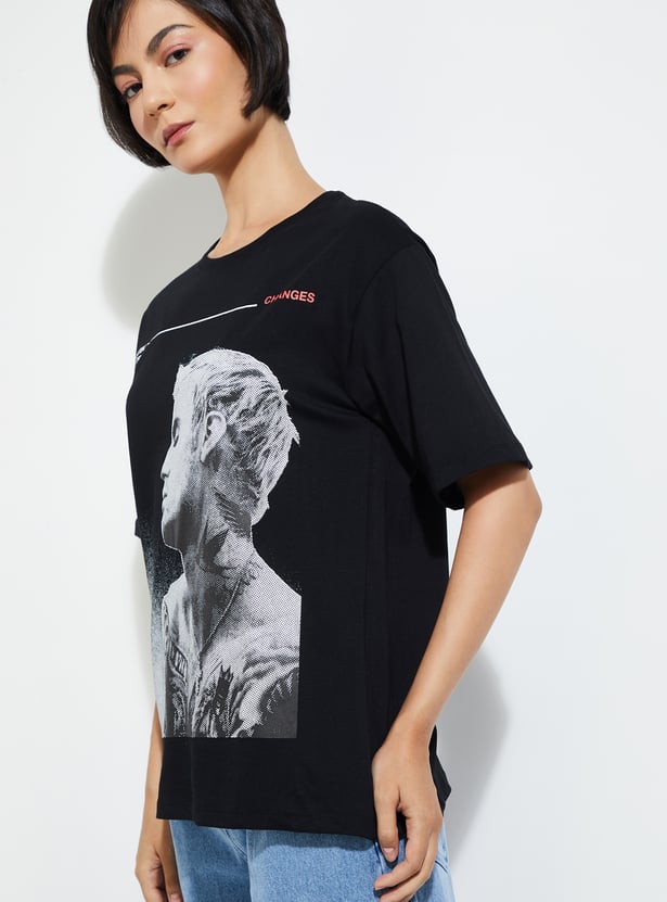 Casual Black Printed T-shirt with Comfortable Fit for Women