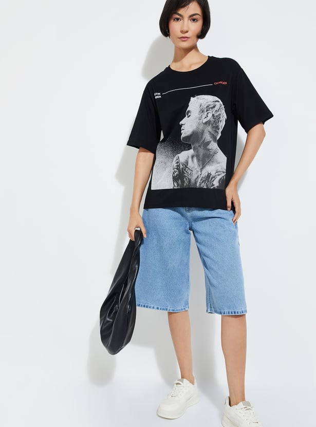 Casual Black Printed T-shirt with Comfortable Fit for Women