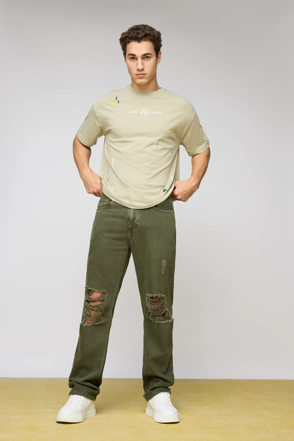 Men’s Olive Nomad Faded Distressed Straight Jeans