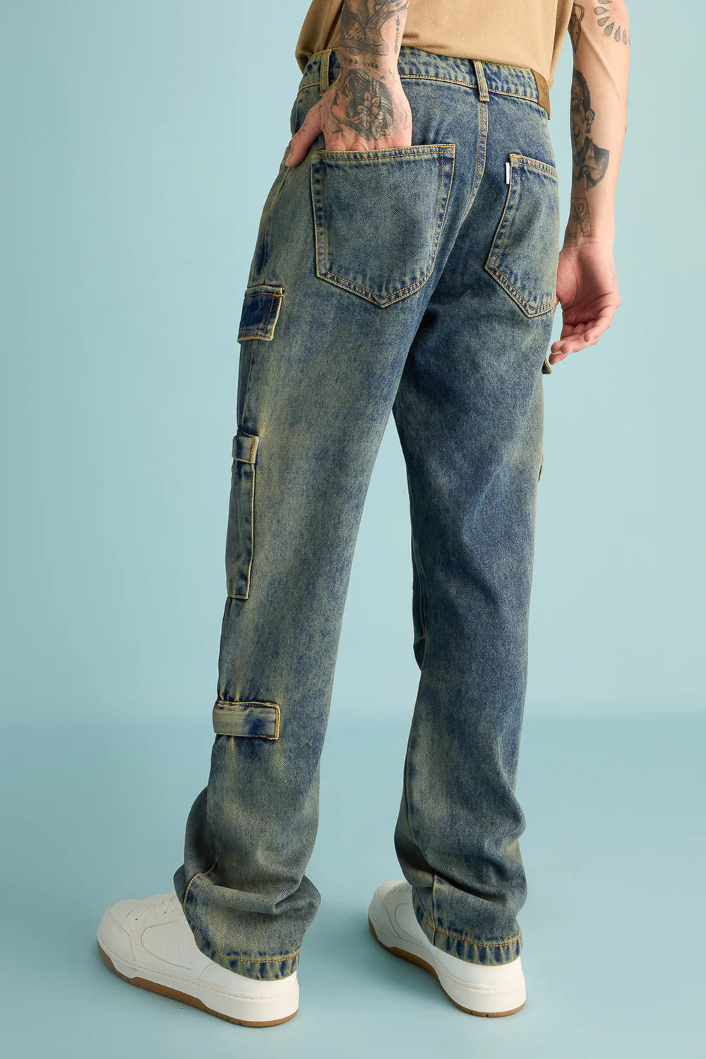 Stylish Mold Blue Straight Cargo Denim Pants for Men