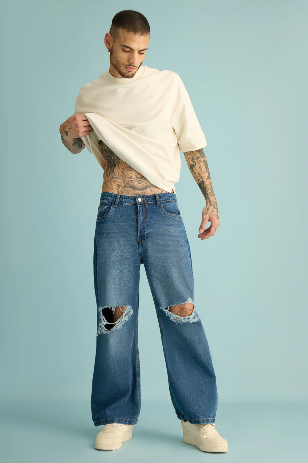 Men’s Casual Mid Blue Wide Straight Distressed Jeans