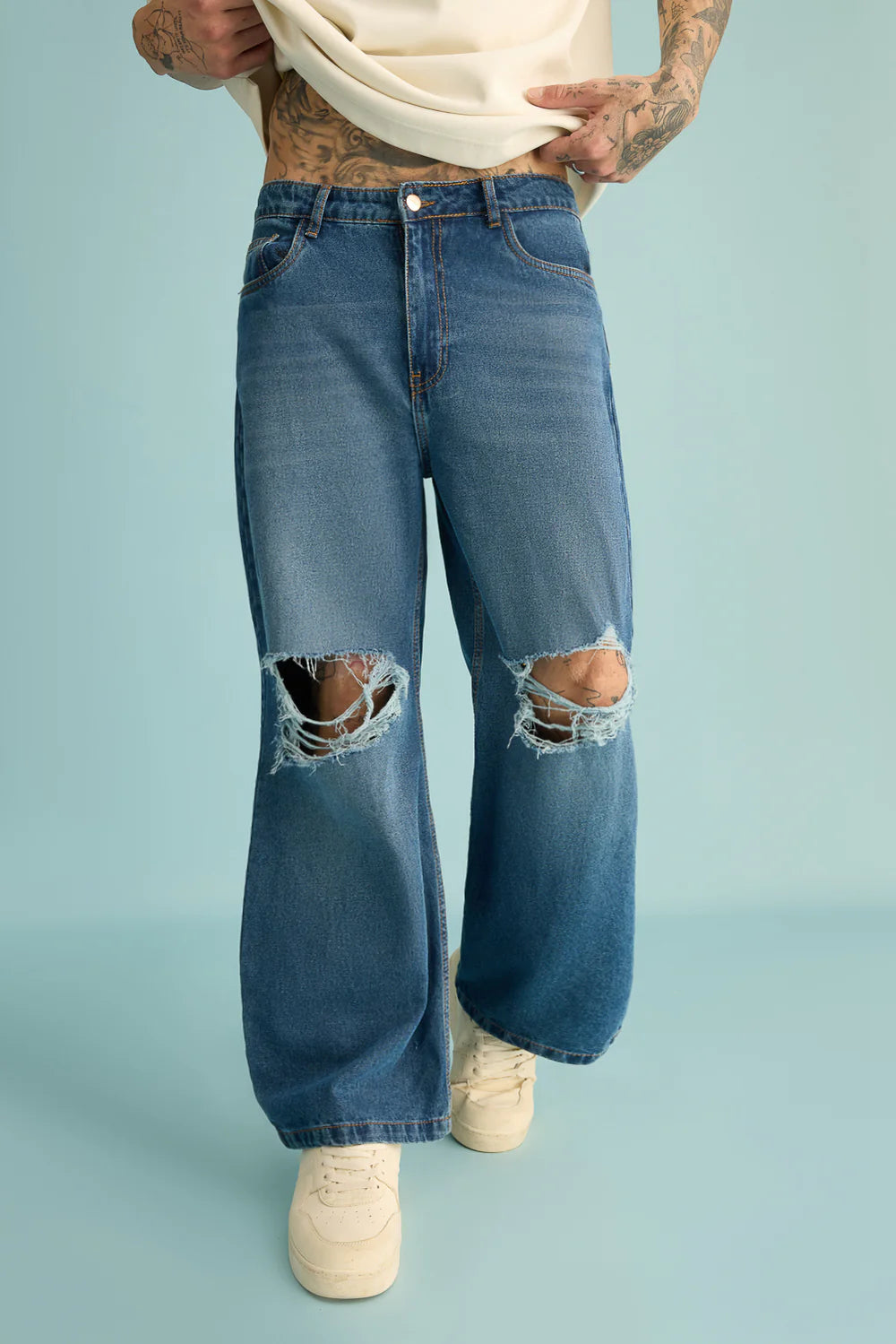 Men’s Casual Mid Blue Wide Straight Distressed Jeans