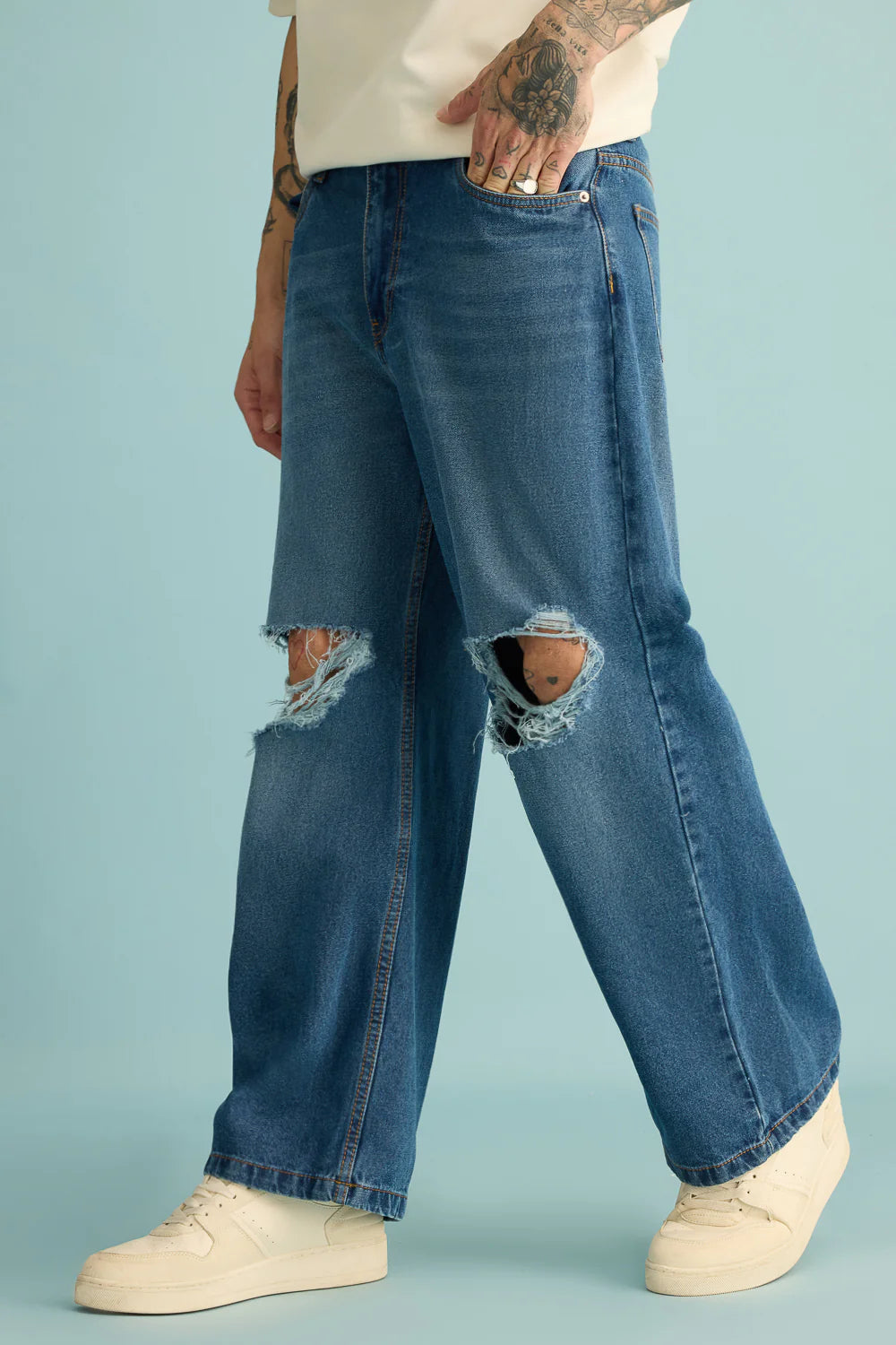 Men’s Casual Mid Blue Wide Straight Distressed Jeans