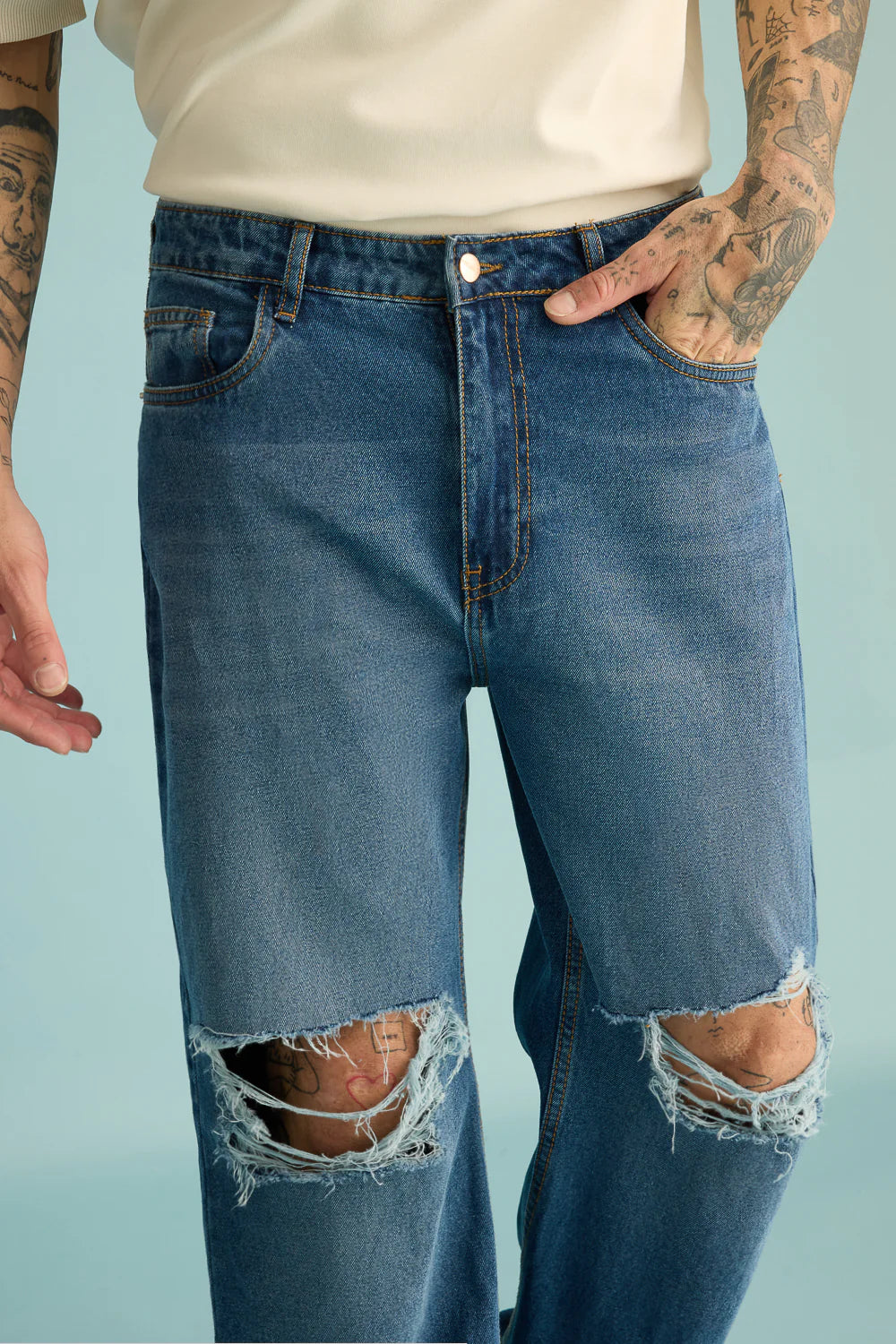 Men’s Casual Mid Blue Wide Straight Distressed Jeans