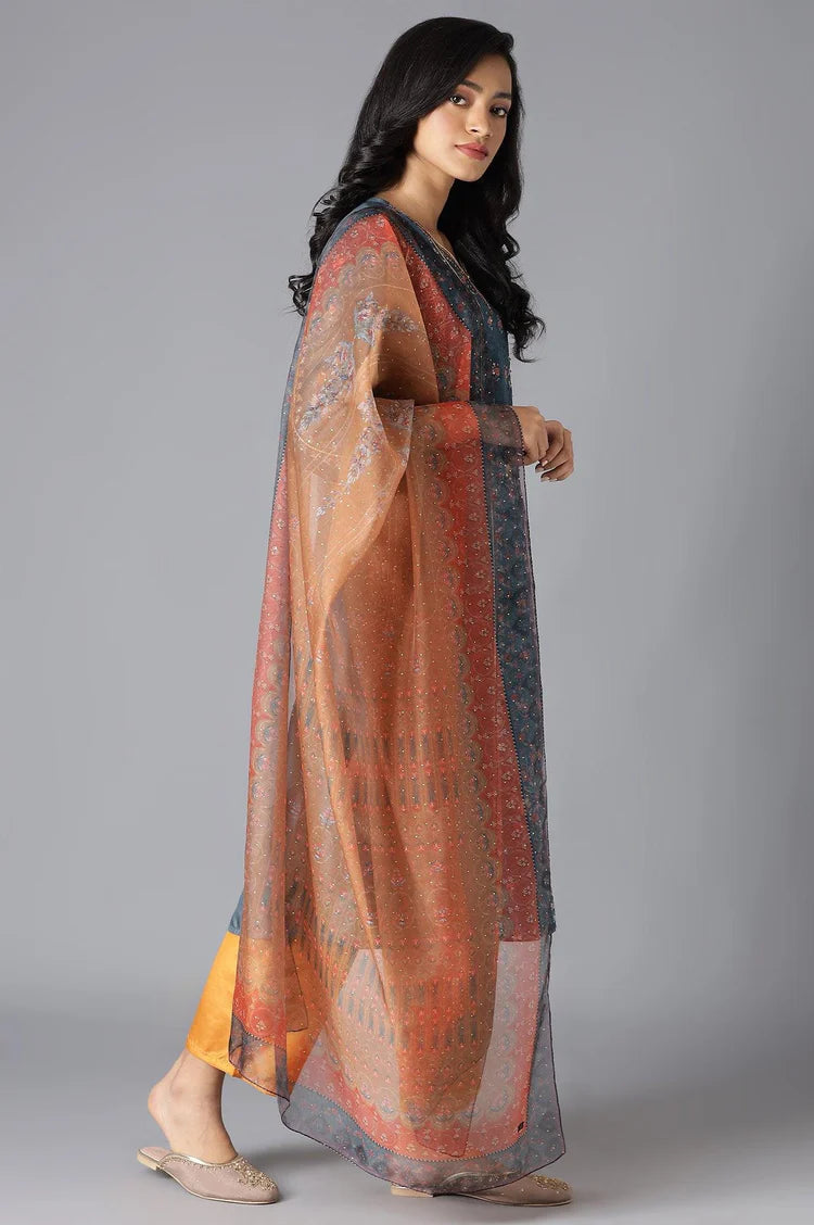 Timeless Teal Mock Layer Kurta Paired with Coordinated Orange Parallel Pants and Dupatta Combining Elegant Silhouette, Comfortable Fit, and Modern Ethnic Appeal for Celebrations