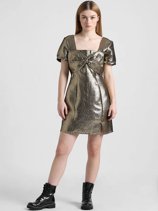 Sophisticated Golden Textured Mini Dress with Modern Detailing, Sleek Shape, and Timeless Sparkle for Cocktail Nights and Festive Gatherings