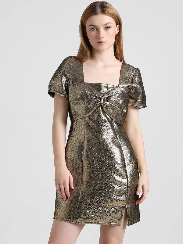 Sophisticated Golden Textured Mini Dress with Modern Detailing, Sleek Shape, and Timeless Sparkle for Cocktail Nights and Festive Gatherings