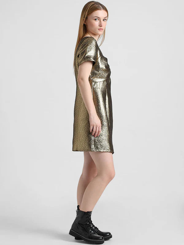 Sophisticated Golden Textured Mini Dress with Modern Detailing, Sleek Shape, and Timeless Sparkle for Cocktail Nights and Festive Gatherings