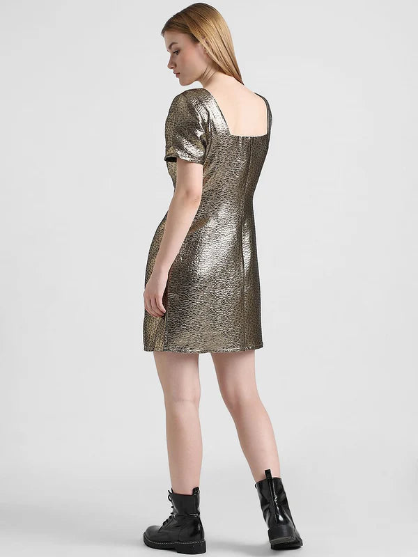 Sophisticated Golden Textured Mini Dress with Modern Detailing, Sleek Shape, and Timeless Sparkle for Cocktail Nights and Festive Gatherings