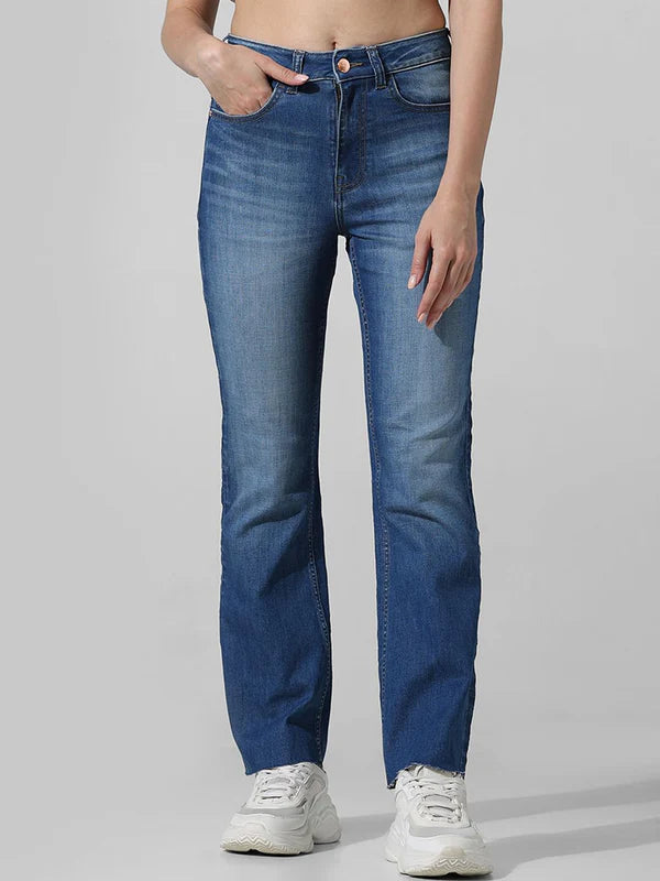 Trendy Blue High-Rise Floral Flared Denim Pants for Women Designed with Soft Stretchable Fabric, Relaxed Comfortable Fit, and Chic Streetwear Appeal