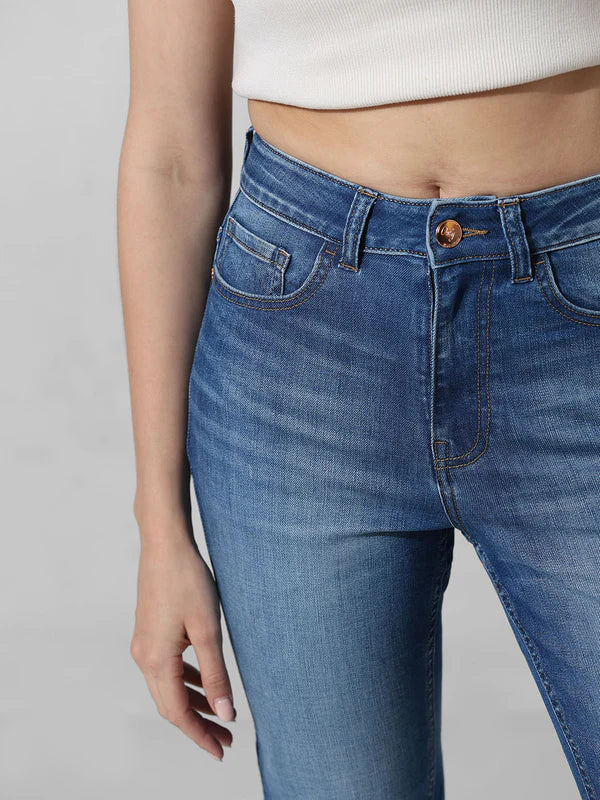 Trendy Blue High-Rise Floral Flared Denim Pants for Women Designed with Soft Stretchable Fabric, Relaxed Comfortable Fit, and Chic Streetwear Appeal