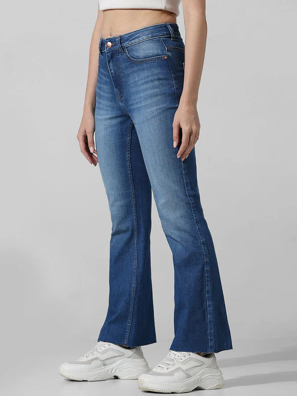 Trendy Blue High-Rise Floral Flared Denim Pants for Women Designed with Soft Stretchable Fabric, Relaxed Comfortable Fit, and Chic Streetwear Appeal