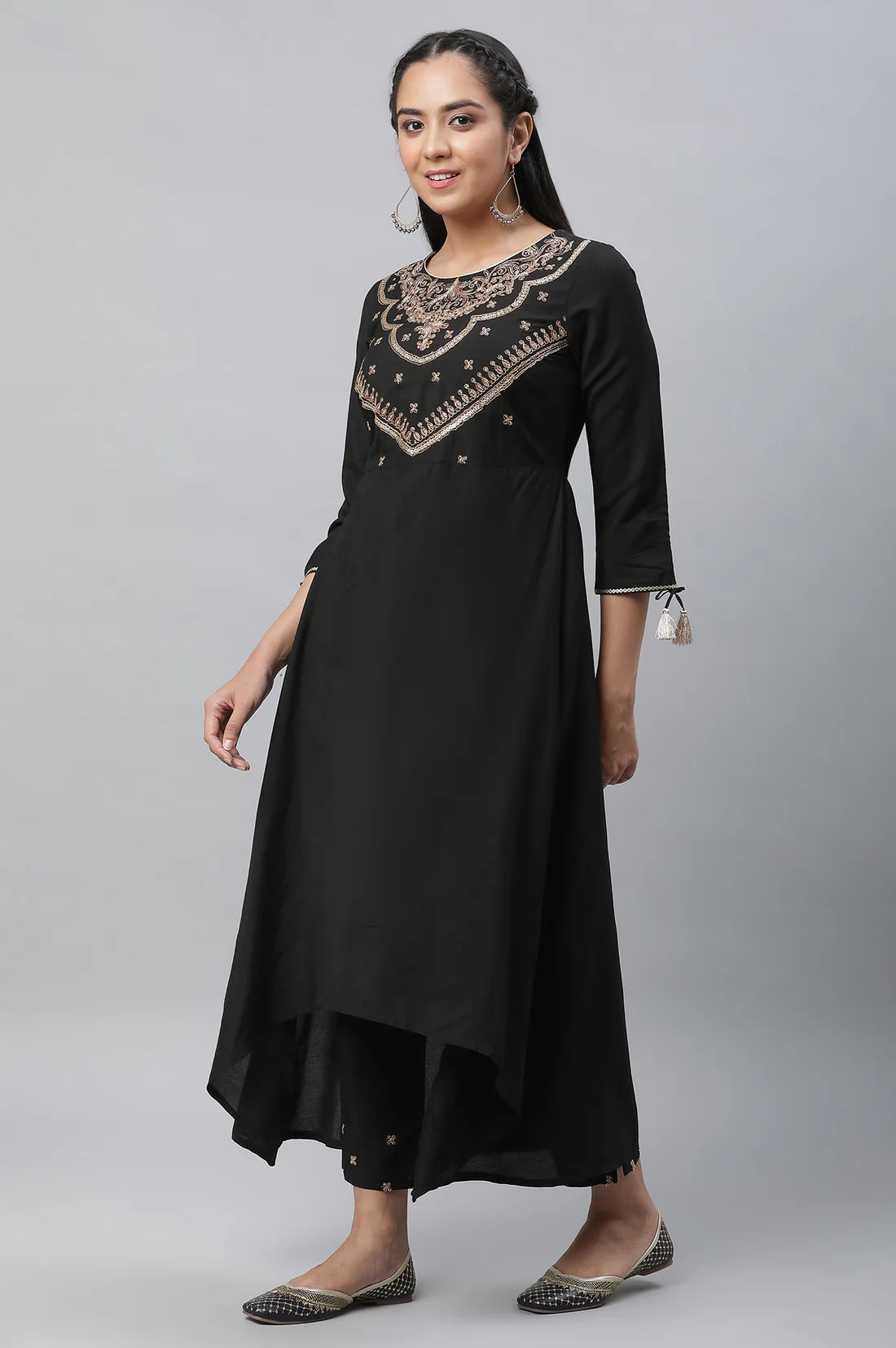 Graceful Black Zari Embellished Kurta, Pants, and Dupatta Ensemble with Refined Design, Comfortable Fit, and Timeless Appeal for Festive and Traditional Events