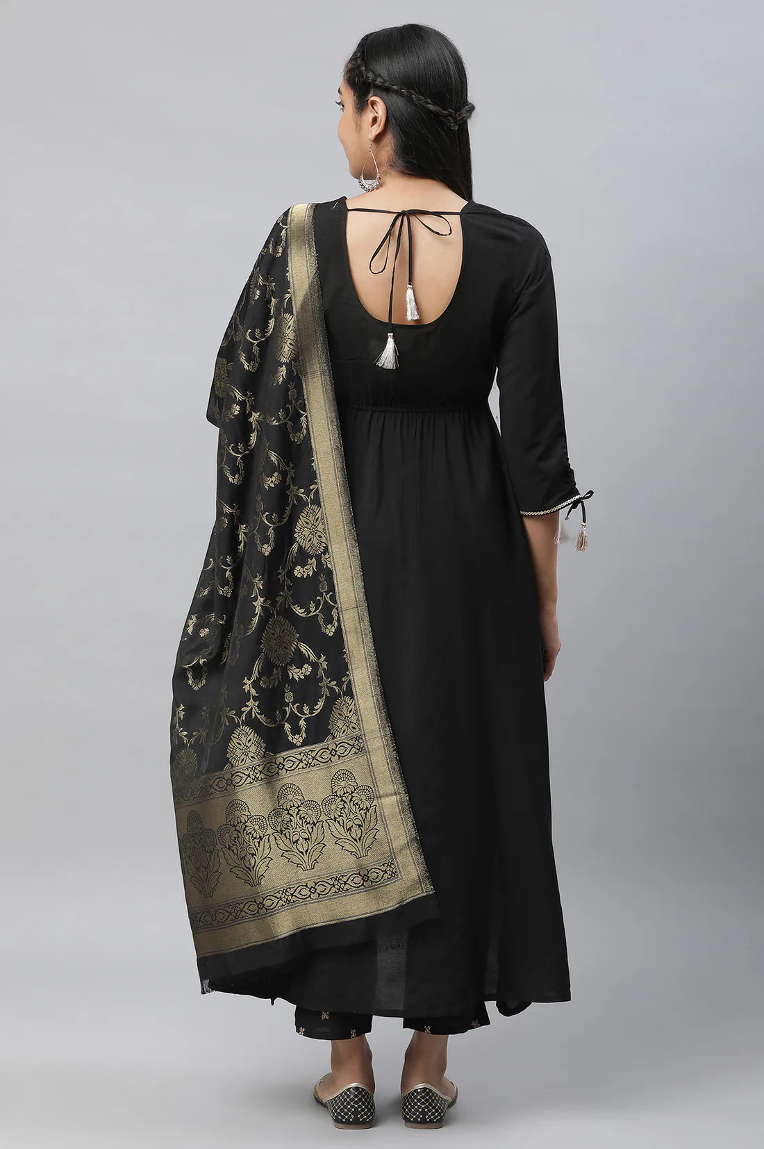 Graceful Black Zari Embellished Kurta, Pants, and Dupatta Ensemble with Refined Design, Comfortable Fit, and Timeless Appeal for Festive and Traditional Events