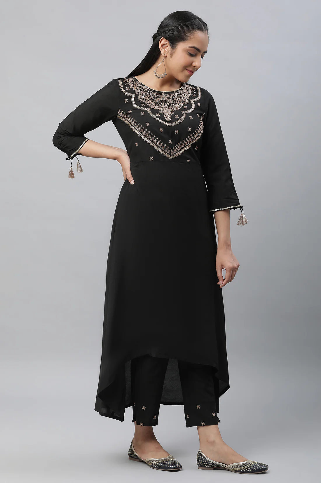 Graceful Black Zari Embellished Kurta, Pants, and Dupatta Ensemble with Refined Design, Comfortable Fit, and Timeless Appeal for Festive and Traditional Events