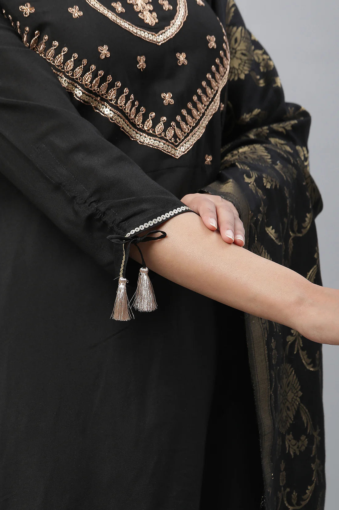 Graceful Black Zari Embellished Kurta, Pants, and Dupatta Ensemble with Refined Design, Comfortable Fit, and Timeless Appeal for Festive and Traditional Events