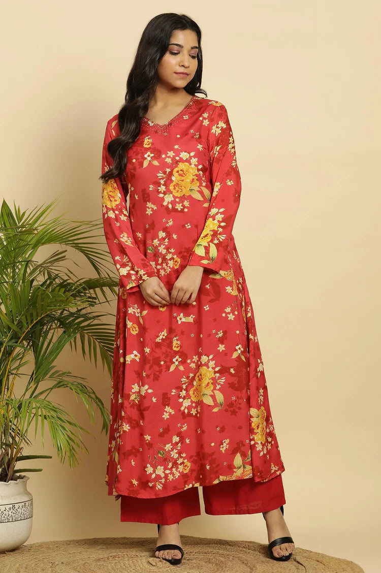 Handblock Style Red Floral Print Kurta with Flared Design, Keyhole Neck, and Flowy Fabric