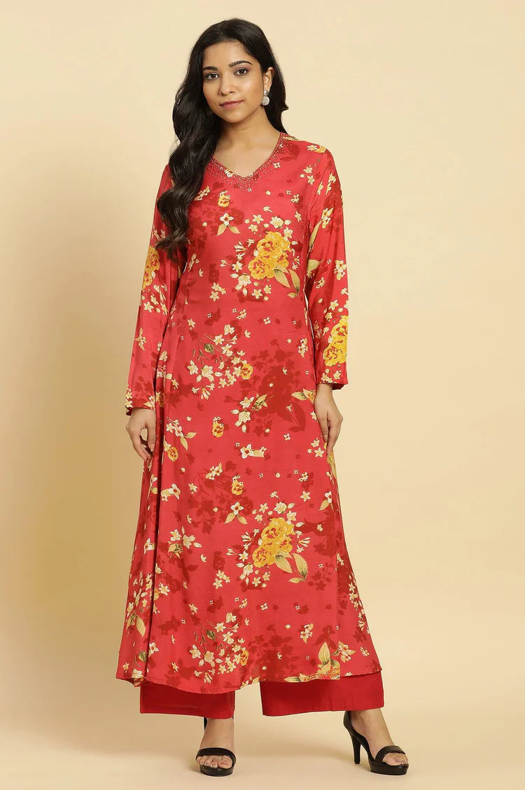 Handblock Style Red Floral Print Kurta with Flared Design, Keyhole Neck, and Flowy Fabric