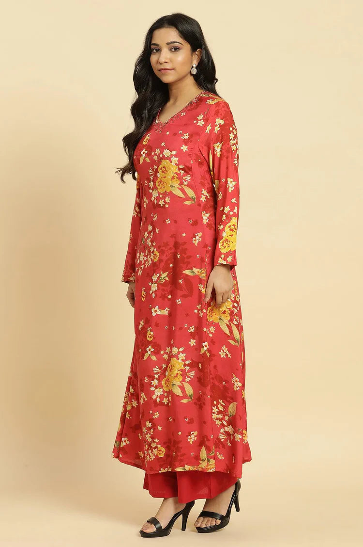 Handblock Style Red Floral Print Kurta with Flared Design, Keyhole Neck, and Flowy Fabric