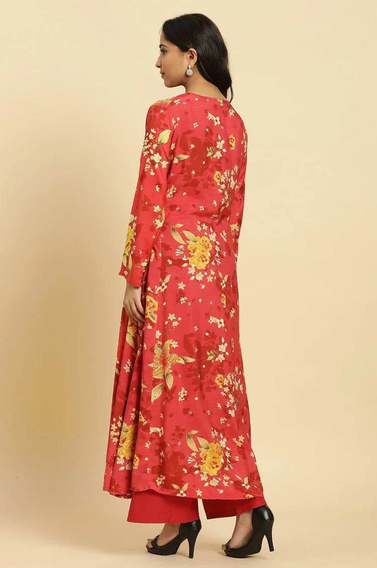 Handblock Style Red Floral Print Kurta with Flared Design, Keyhole Neck, and Flowy Fabric