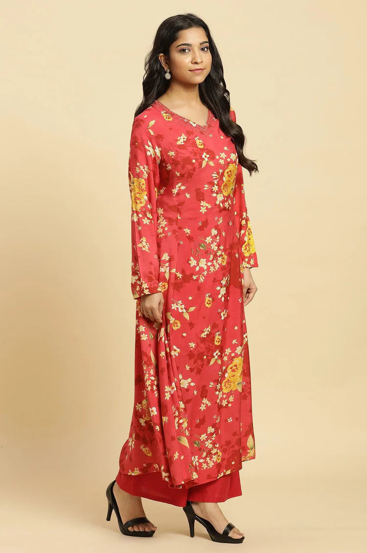 Handblock Style Red Floral Print Kurta with Flared Design, Keyhole Neck, and Flowy Fabric