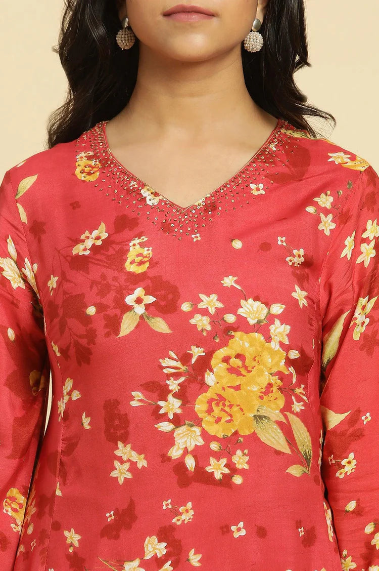 Handblock Style Red Floral Print Kurta with Flared Design, Keyhole Neck, and Flowy Fabric