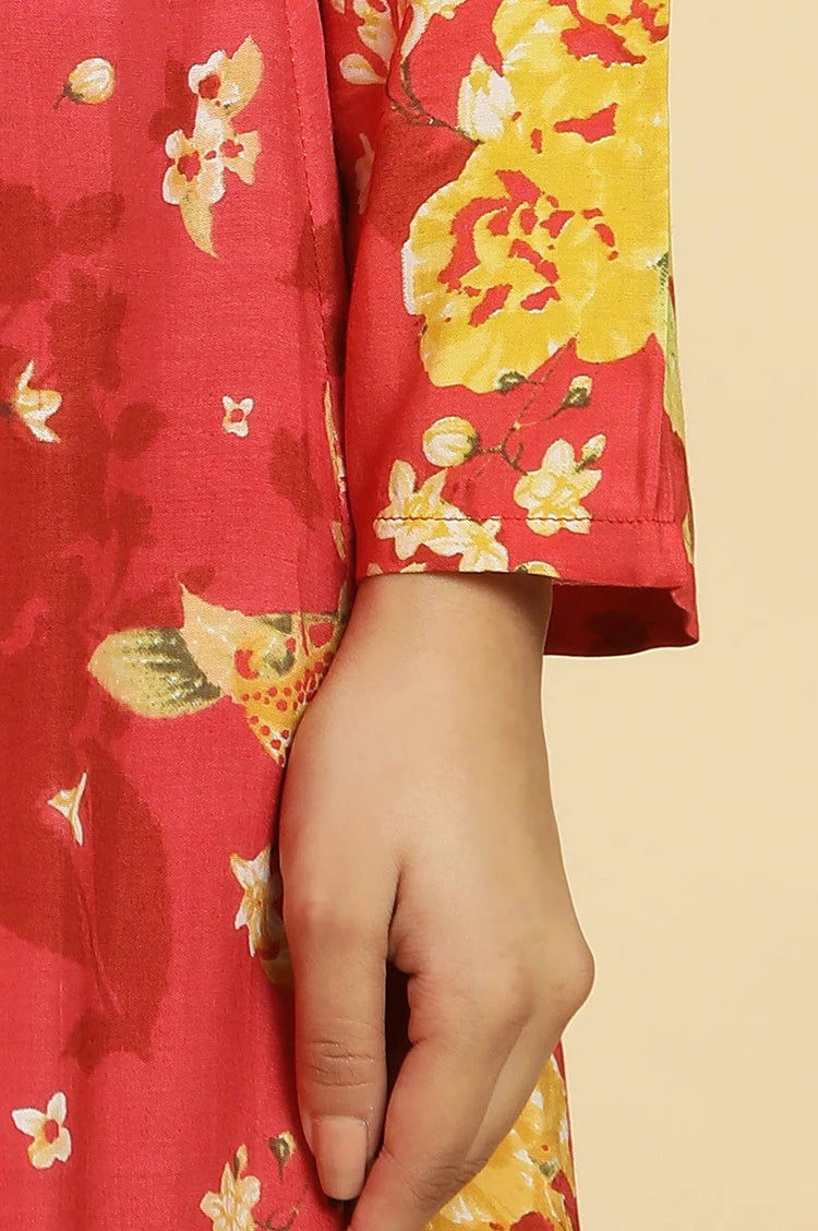 Handblock Style Red Floral Print Kurta with Flared Design, Keyhole Neck, and Flowy Fabric