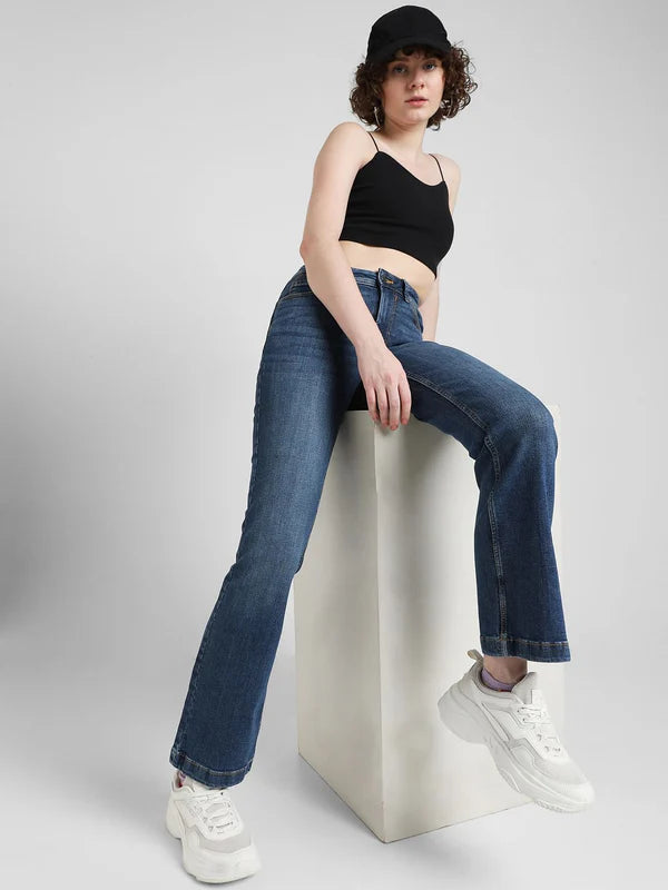 Retro-Inspired Blue High-Rise Floral Flared Jeans for Women with Flowing Silhouette, Comfortable Fit, and Contemporary Casual Chic Look
