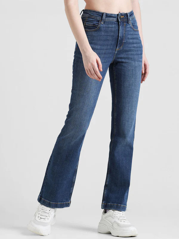 Retro-Inspired Blue High-Rise Floral Flared Jeans for Women with Flowing Silhouette, Comfortable Fit, and Contemporary Casual Chic Look