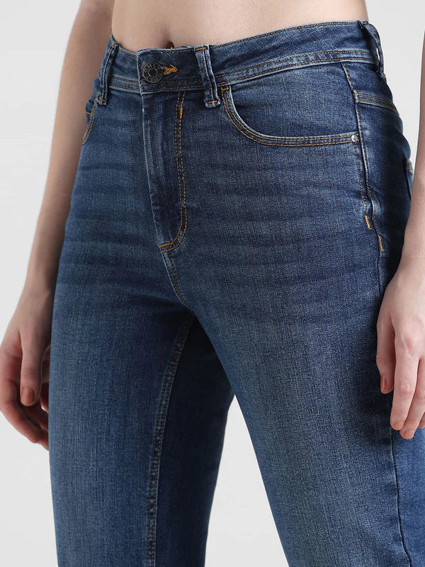 Retro-Inspired Blue High-Rise Floral Flared Jeans for Women with Flowing Silhouette, Comfortable Fit, and Contemporary Casual Chic Look