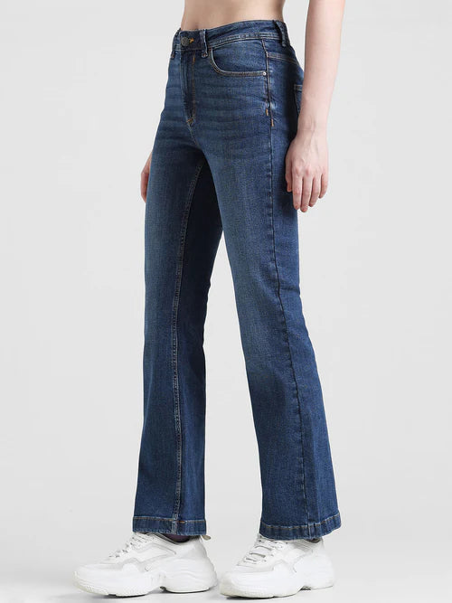 Retro-Inspired Blue High-Rise Floral Flared Jeans for Women with Flowing Silhouette, Comfortable Fit, and Contemporary Casual Chic Look