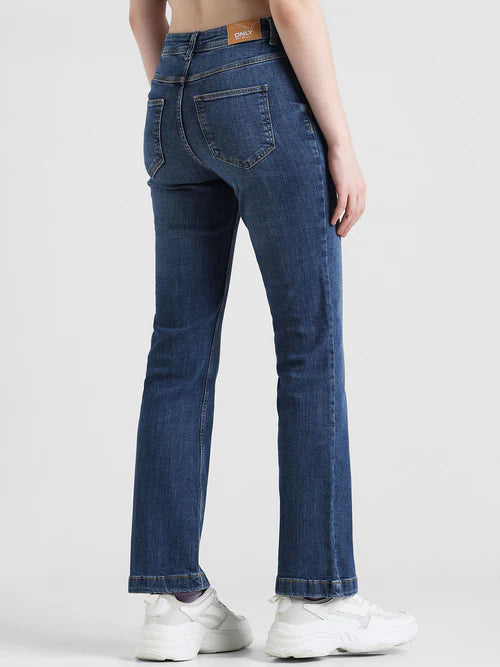 Retro-Inspired Blue High-Rise Floral Flared Jeans for Women with Flowing Silhouette, Comfortable Fit, and Contemporary Casual Chic Look