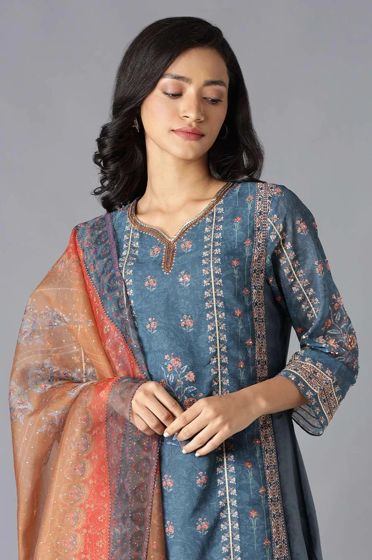 Timeless Teal Mock Layer Kurta Paired with Coordinated Orange Parallel Pants and Dupatta Combining Elegant Silhouette, Comfortable Fit, and Modern Ethnic Appeal for Celebrations