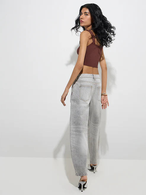 Women’s Grey Washed Relaxed-Fit High-Rise Jeans Featuring Soft Durable Denim, Comfortable Loose Silhouette, and Effortless Everyday Casual Style