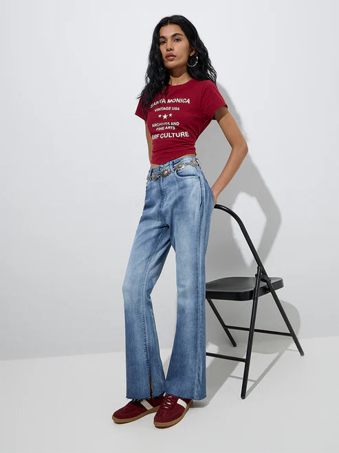 Trendy Blue Faded Bootcut Mid-Rise Jeans for Women Designed with Soft Durable Fabric, Flattering Silhouette, and Effortless Streetwear Appeal