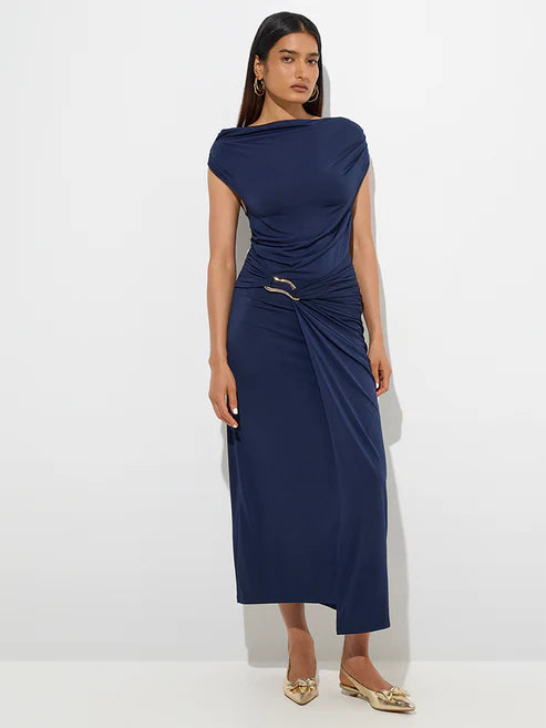 Elegant Navy Ruched Midi Dress with Flattering Silhouette, Sophisticated Detailing, and Timeless Style for Evening and Special Occasions