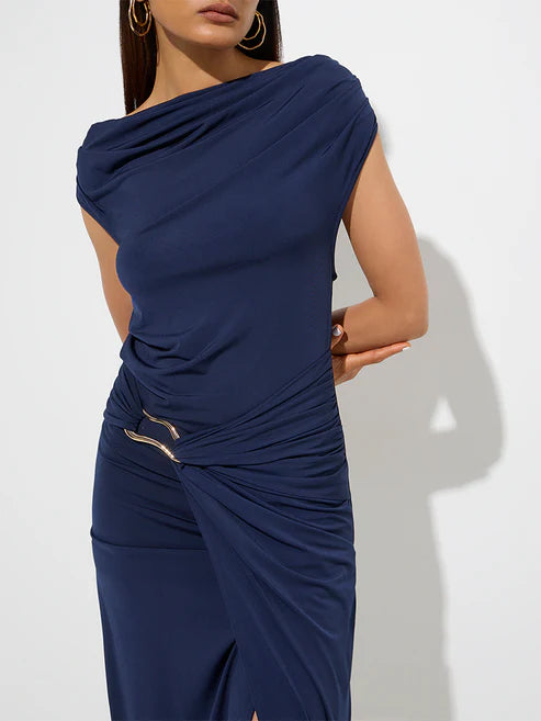 Elegant Navy Ruched Midi Dress with Flattering Silhouette, Sophisticated Detailing, and Timeless Style for Evening and Special Occasions