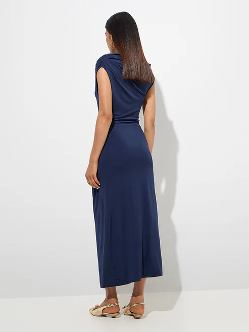 Elegant Navy Ruched Midi Dress with Flattering Silhouette, Sophisticated Detailing, and Timeless Style for Evening and Special Occasions