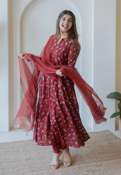 Traditional Red Ajrakh Cotton Kali Kurta Featuring Hand Embroidered Design