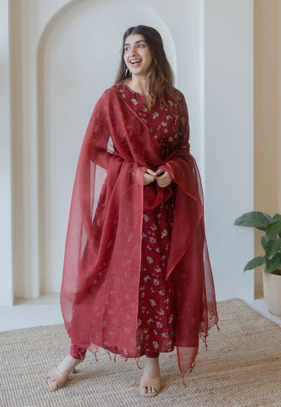 Traditional Red Ajrakh Cotton Kali Kurta Featuring Hand Embroidered Design