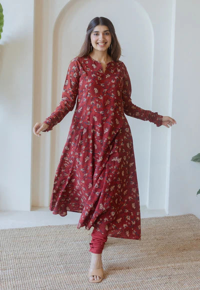 Traditional Red Ajrakh Cotton Kali Kurta Featuring Hand Embroidered Design