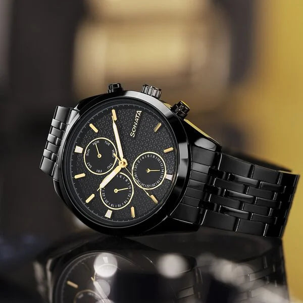 Multifunction Black Dial Men’s Watch with Black Stainless Steel Strap