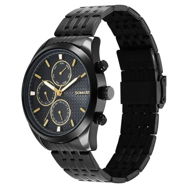 Multifunction Black Dial Men’s Watch with Black Stainless Steel Strap