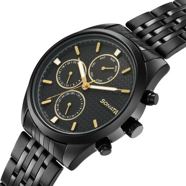 Multifunction Black Dial Men’s Watch with Black Stainless Steel Strap