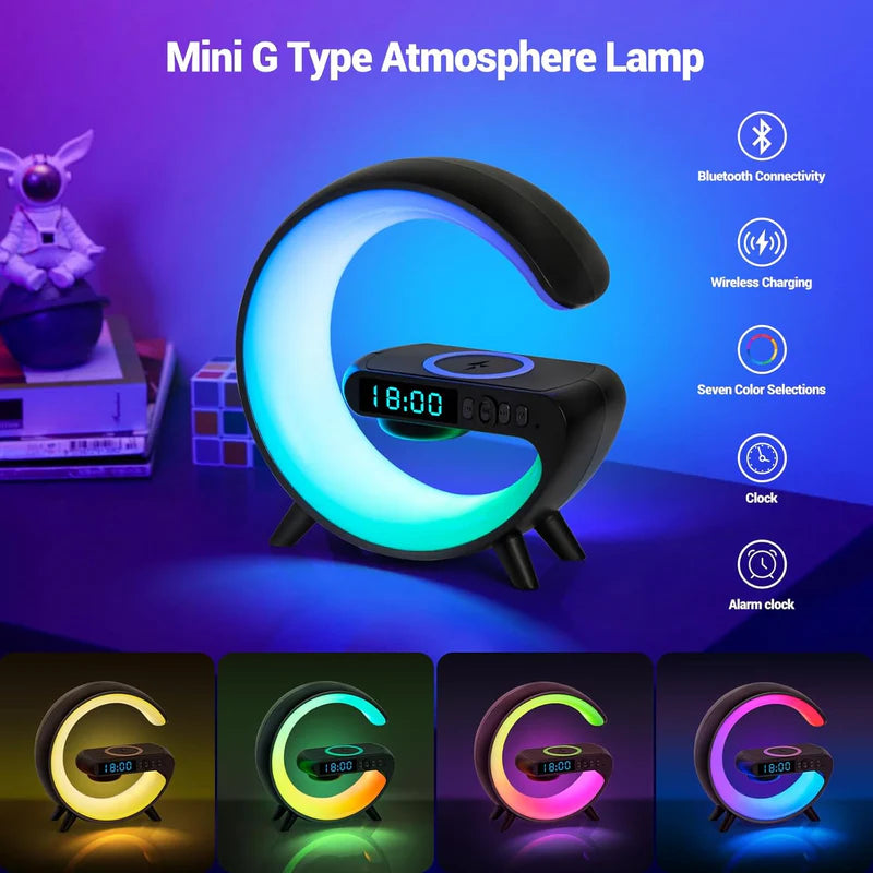 RGB G-Shaped Mood Lamp with Wireless Charger, Bluetooth Speaker, Alarm Clock, and LED Desk Lighting for Home and Office