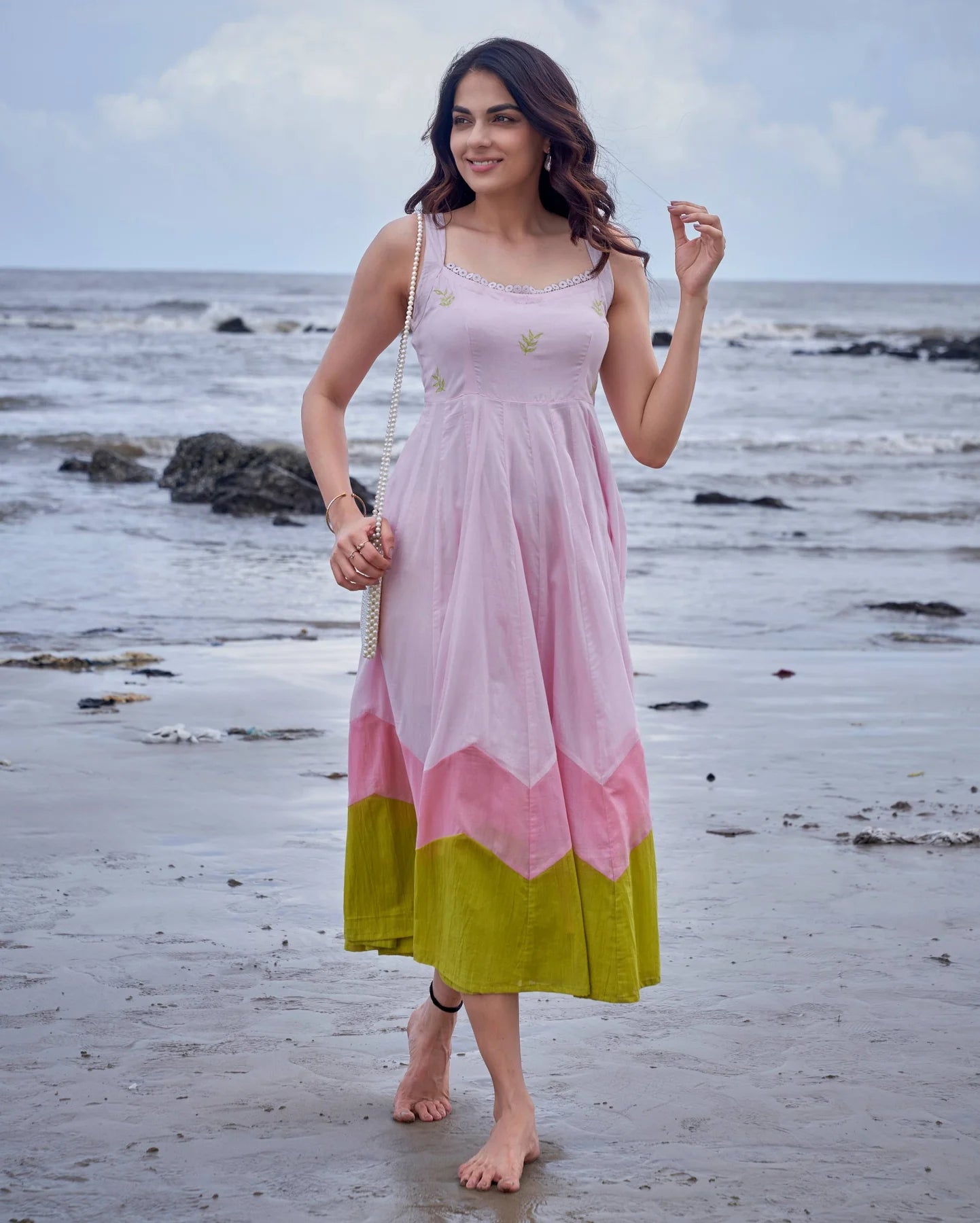 Sophisticated Pink and Green Embroidered Cotton Dress Highlighting Colour Block Detailing, Artistic Embroidery, and Versatile Styling Options for Seasonal Wardrobes